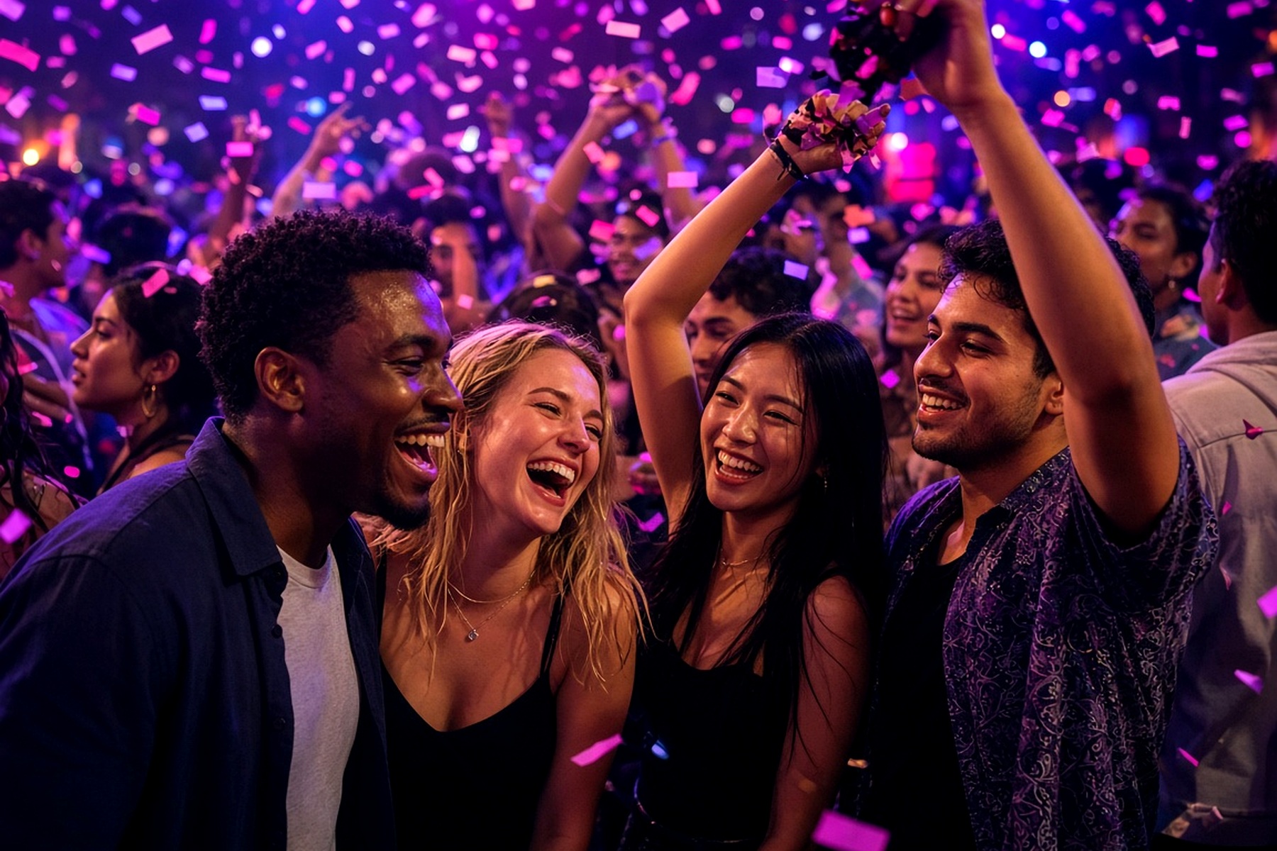 Campus night crowd under neon light